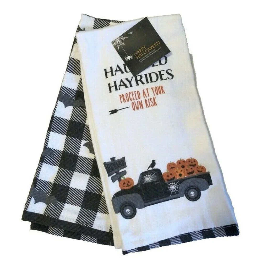 Halloween Kitchen Dish Towels Haunted Farm Truck Pumpkin Buffalo Check Set of 2